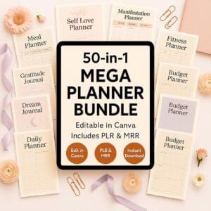 50 Editable Planner Templates Canva PLR MRR – Journals, Trackers & Calendars Bundle